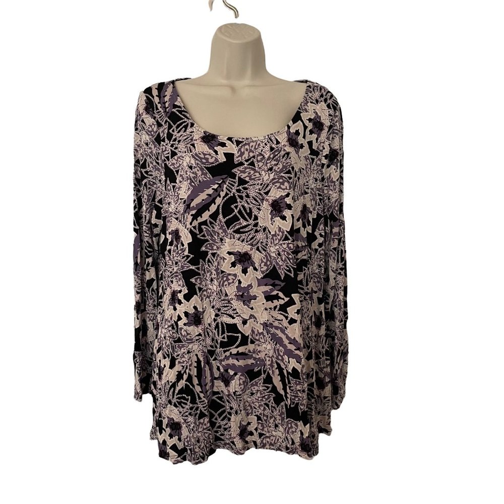M&Co Womens Purple Black White Floral Print Long Sleeve Tunic Size 18